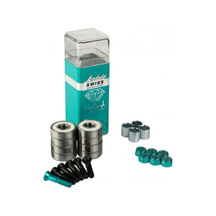 Pack de ocho rodamientos Andalé Bearings x Diamond P-Rod Swiss, Pistas de acero de mayor calidad, bolas de mejor calidad y grado, y un acabado superficial superior.
Protector de goma extraíble simple, sin contacto, para facilitar la limpieza y reducir la