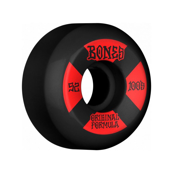 Ruedas de Monopatín Bones Wheels 100's V5 Sidecut OG Formula #4. 52mm. x 30mm. 100a. Color: Negro. (4 Unidades)