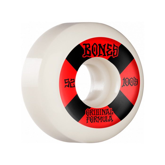 Ruedas de Monopatín Bones Wheels 100's V5 Sidecut OG Formula #4. 52mmmm x 30mm 100a. Color: Blanco. (4 Unidades)