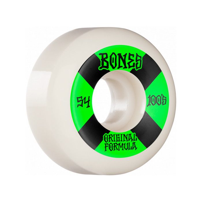 Ruedas de Monopatín Bones Wheels 100's V5 Sidecut OG Formula #4. 54mm x 31mm. 100a. Color: Blanco. (4 Unidades)