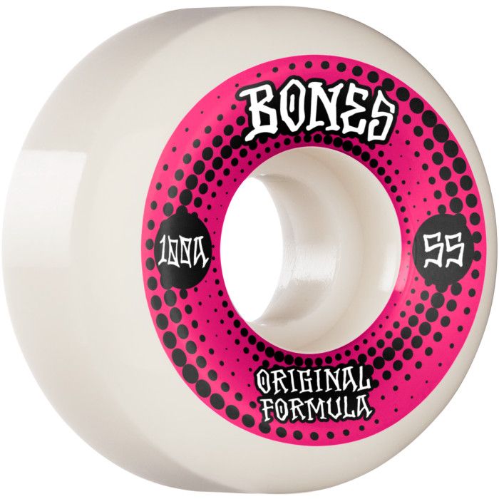 Ruedas de Monopatín Bones Wheels 100's V5 Sidecut OG Formula #5. 55mm x 32mm. 100a. Color: Blanco. (4 Unidades)