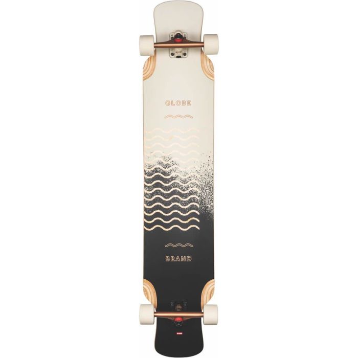 Lonboard Globe Geminon XL en Spray Wave / Black Copper es un longboard avanzado hecho de arce y Resin-8. Es una tabla simétrica de freeride / freestyle que presenta un cóncavo ligero de lado a lado, ejes de king pin invertido de aluminio Slant de 180 mm y