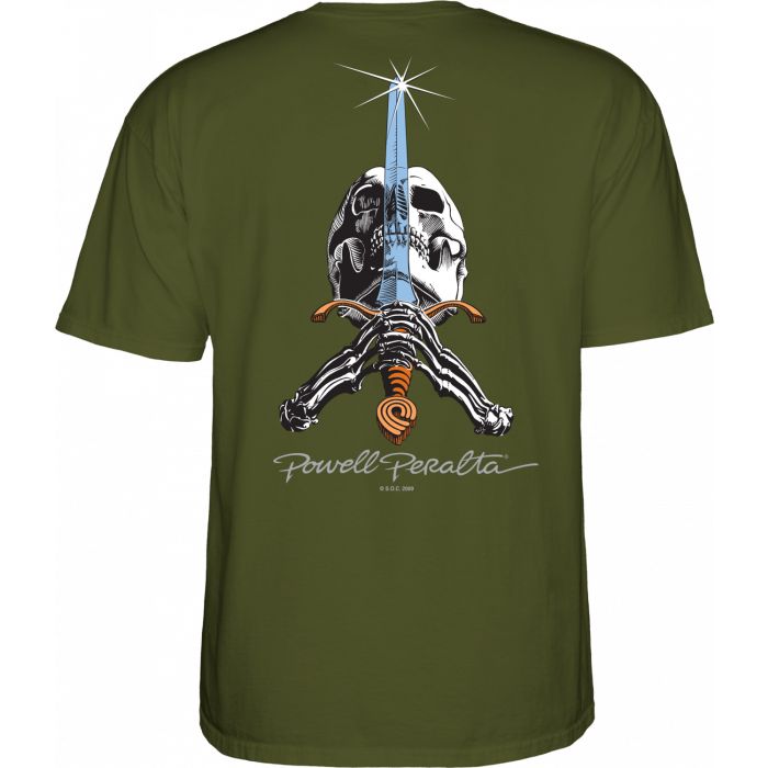 Camiseta de manga Corta Powell Peralta Skull and Sword. Color: Verde Militar