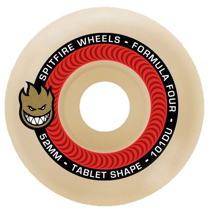 Ruedas de monopatín Spitfire Wheels Formula Four Tablets. 52mm x 29mm. 101a. Superficie de contacto: 20mm. Color: Natural. Juego de 4 ruedas