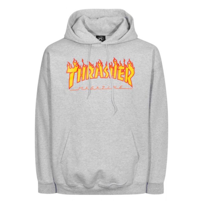 Sudadera con capucha Thrasher Flame. Color: Gris