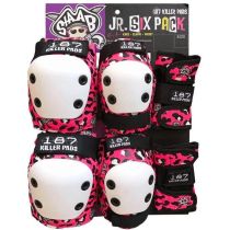 Pack de protecciones 187 Killer Pads Jr. Six Pack Kevin Staab Leopard Pink. Talla única para ni@s de 4 a 8 años, que pesen entre 18 kilos y 27 kilos. Talla, Jr. Rodilleras de 22.5 cm. a 27,5 cm. 9-11 in.Coderas de 15 cm a 20 cm. 6-8 in. Muñequera de 15cm 
